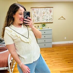 THE GREAT. Cream Cotton Ruffle Embroidered Tee 0 XS